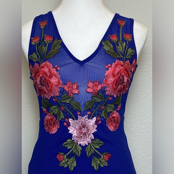Dress women blue sleeveless sheer flower embroidered midi exposed zipper - Picture 2 of 3